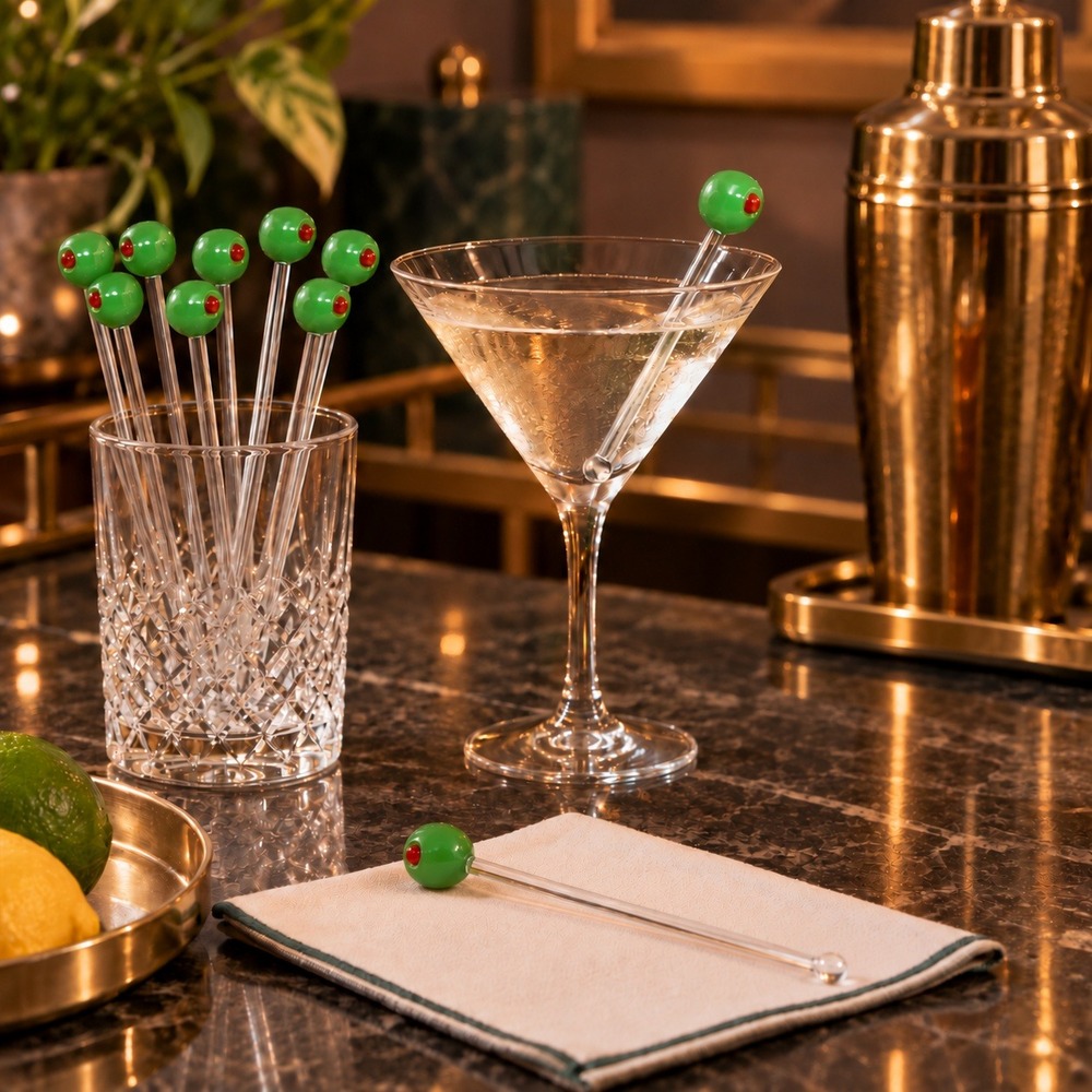 Vintage MCM Green Olive Martini Swizzle Sticks Set of 10 Barware Handblown